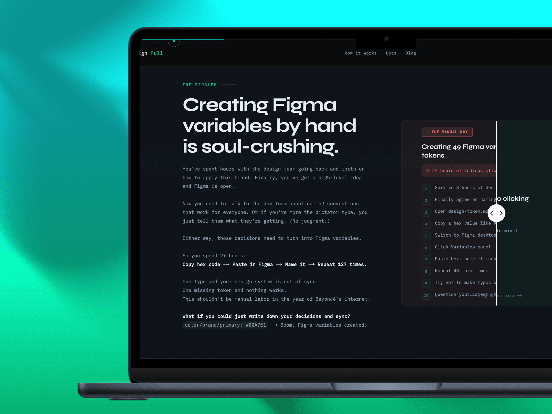 Design Pull — the problem section with soul-crushing headline and manual steps