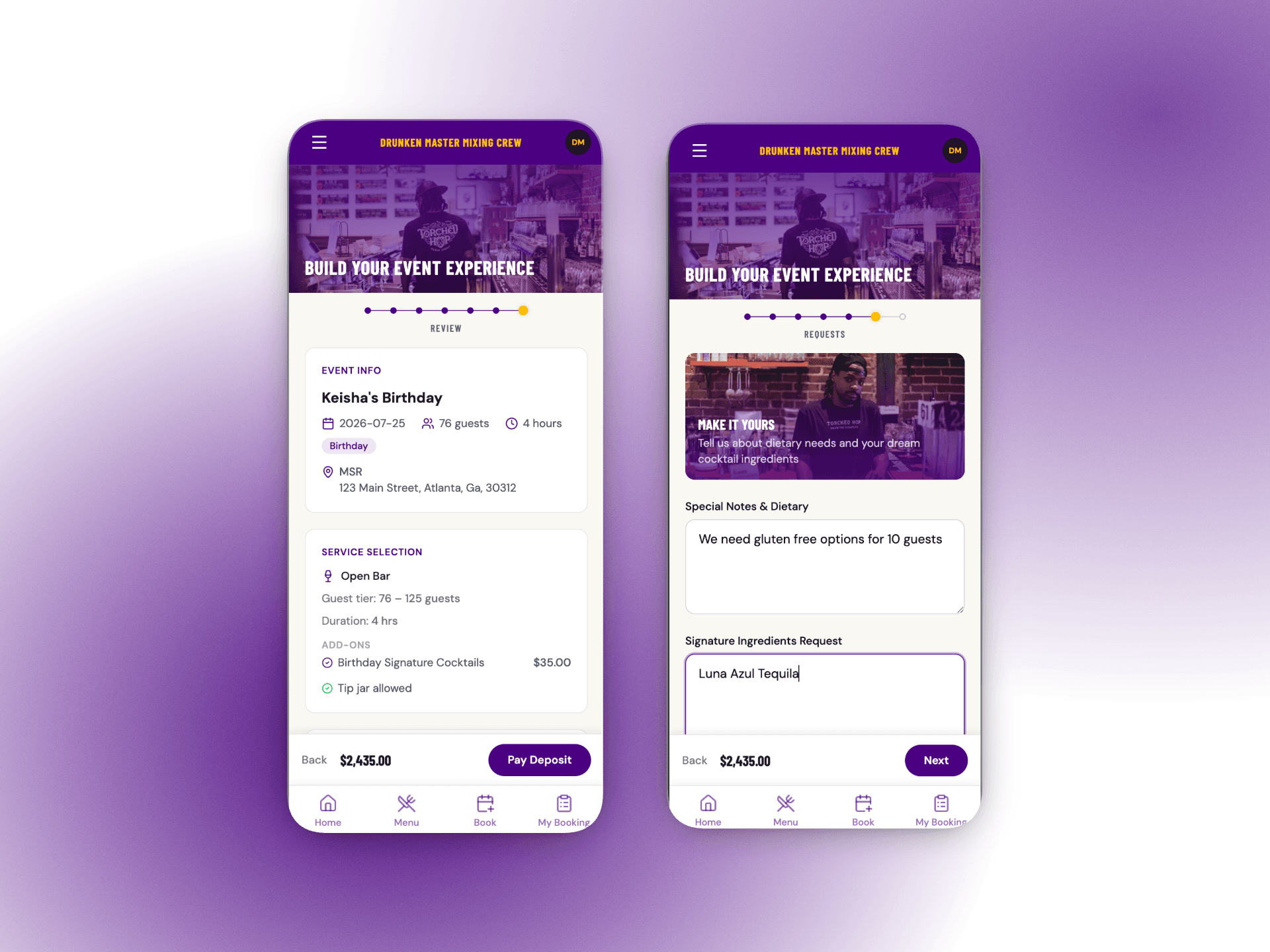 DMMC booking review and special requests screens