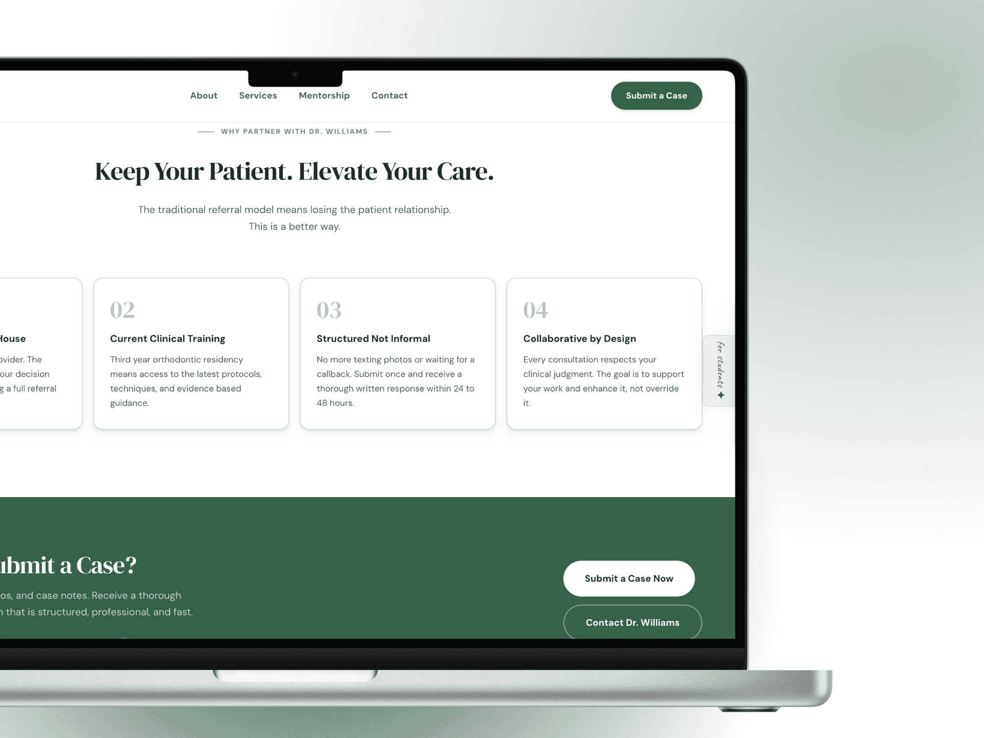 Dr. Williams services and case submission — laptop mockup